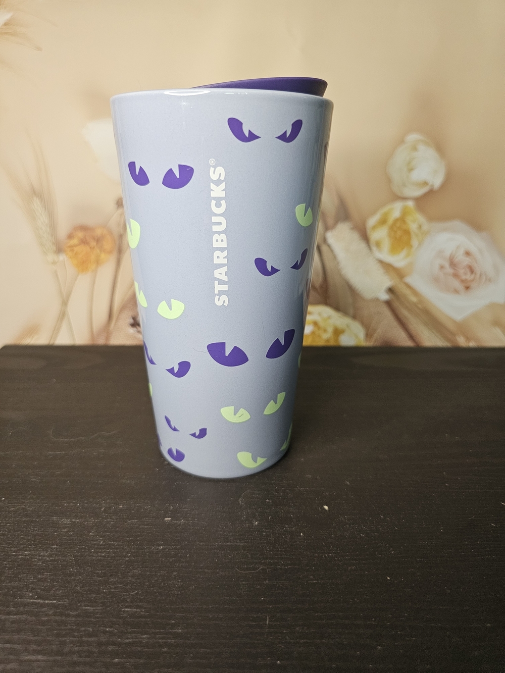 Starbucks Kids Lavender Travel Cup with Purple and Lime Eye Motifs